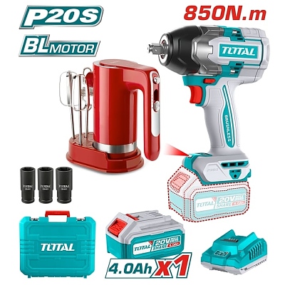 Комплект акумулаторен ударен гайковерт TOTAL INDUSTRIAL, 20 V, 4 Ah + акумулаторен миксер