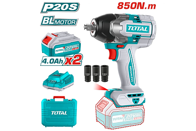Акумулаторен ударен безчетков гайковерт TOTAL INDUSTRIAL, 20 V, 2 x 4 Ah