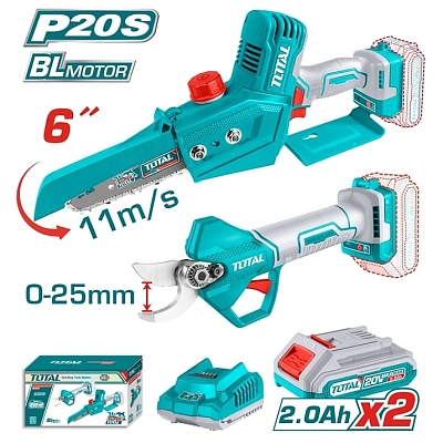 Комплект акумулаторни верижен трион и ножица TOTAL INDUSTRIAL, 20 V, 2 x 2 Ah