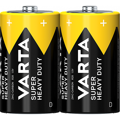 Усилени цинкови батерии Varta Super Heavy Duty R20 D 2 броя фолио