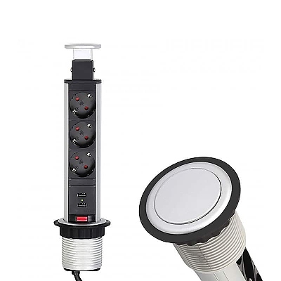 Мебелен удължител LIFTBOX Алуминиев 3x Schuko контакт 2x USB 1.8m кабел LIFTBOX-ALU-3DE-U-01